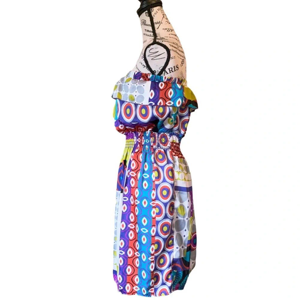 3 for 30 💥 Ventti VTG Satin Strapless Colorful Mini Dress Circus Print Purple - Picture 3 of 16